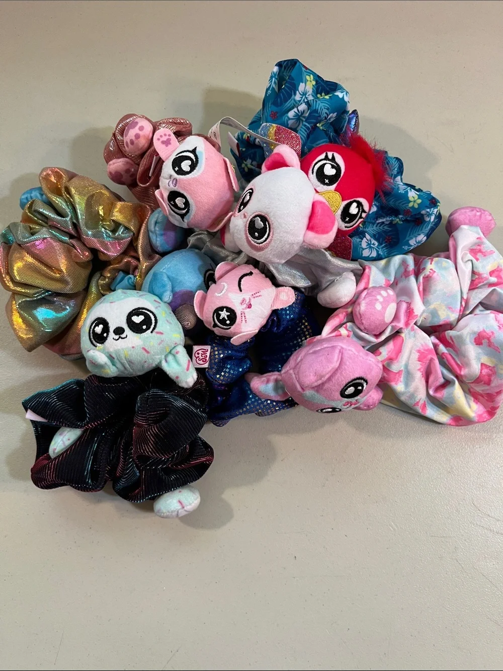 Plush Character Scrunchie Set - Pink, Blue, Red, Black